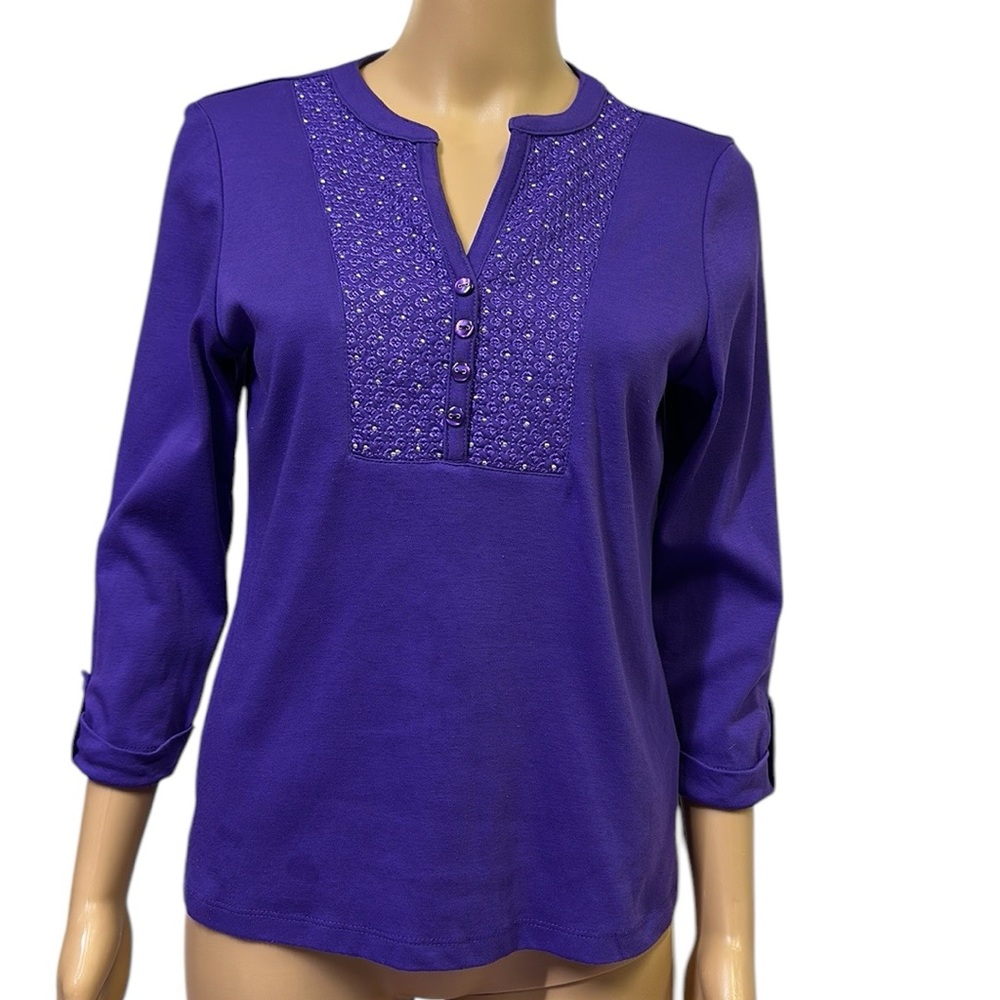 Allison Daley 3 Quarter Cuffed Sleeve Embellished Split Neck Tee Top Petite S